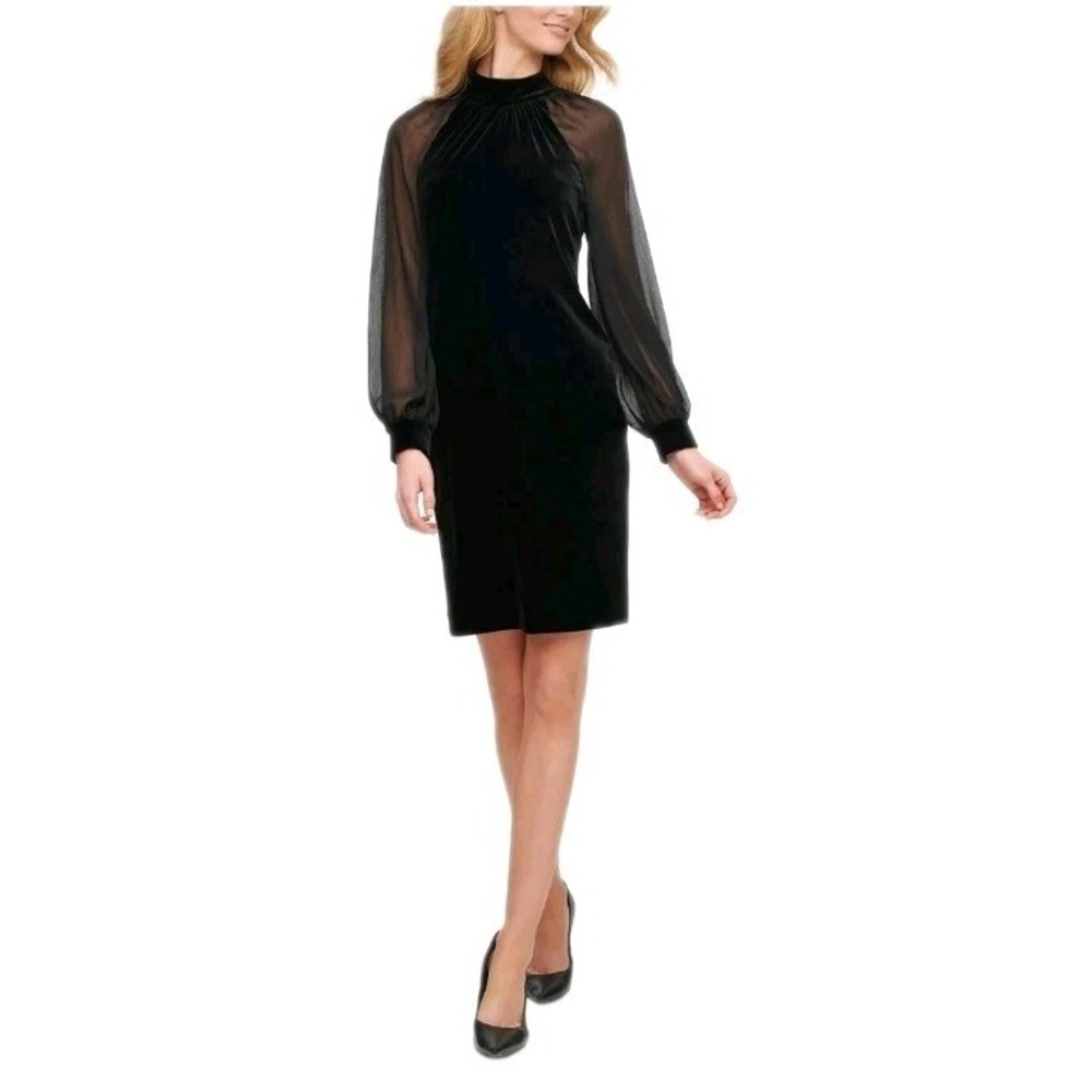 Calvin Klein NWT Womens Black Velvet Shift Sheer Chiffon-Sleeve Dress Size 10